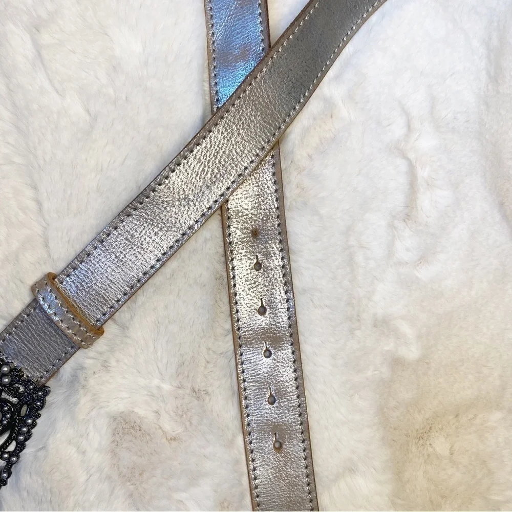 Vintage Silver‎ Leather Belt Beaded Buckle XL